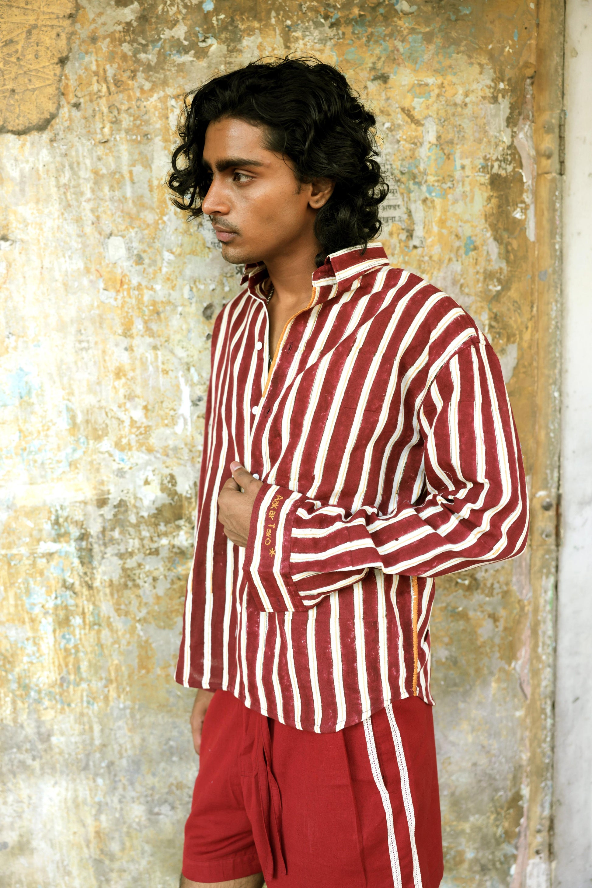 Maroon Hand-Blocked Stripe Linen Shirt