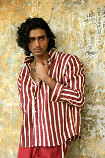 Maroon Hand-Blocked Stripe Linen Shirt