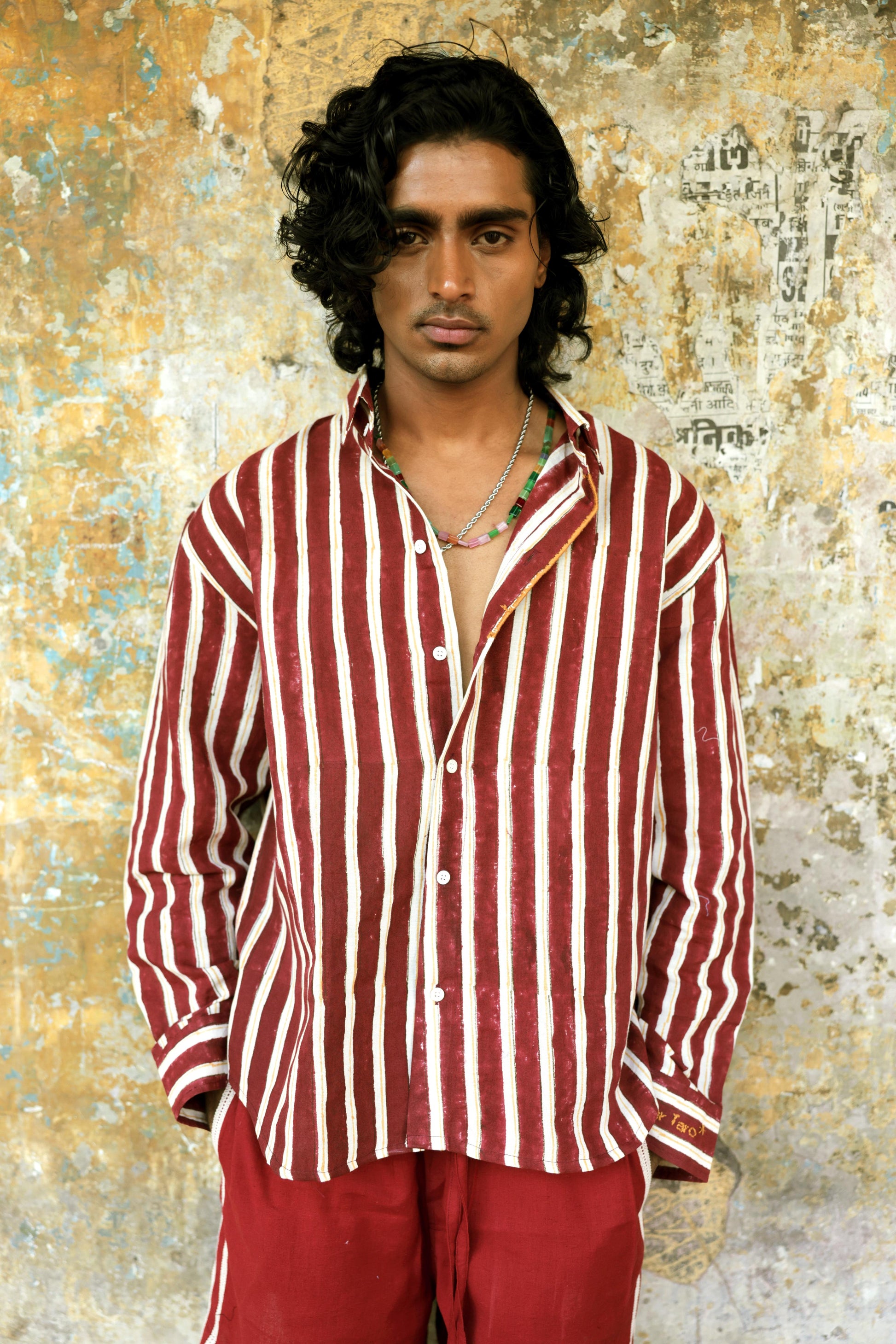 Maroon Hand-Blocked Stripe Linen Shirt