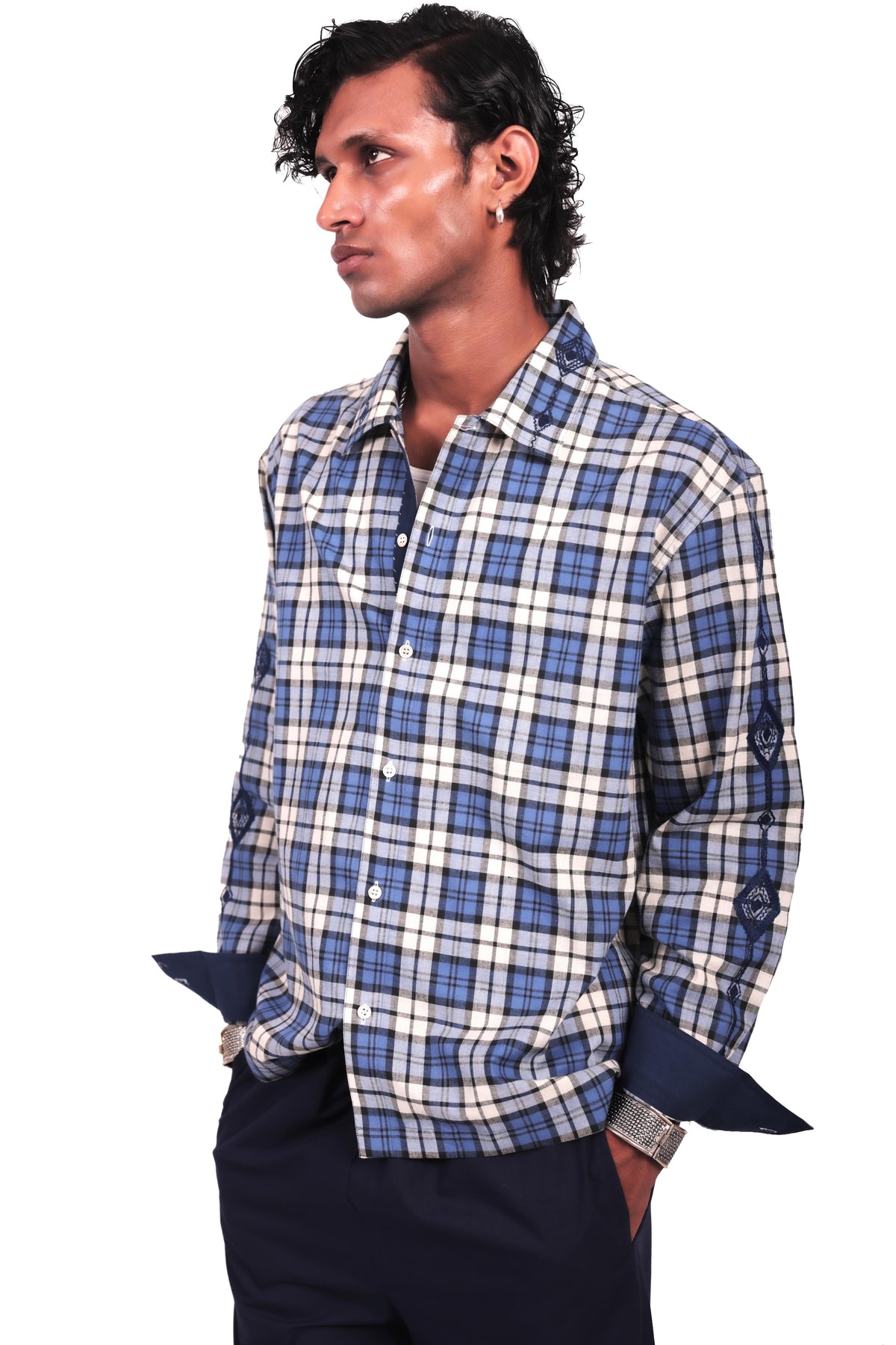 Para Blue Embroidered Check Shirt