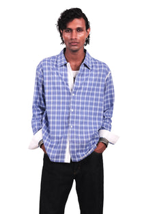 Blue and White Hand Embroidered Checks Shirt