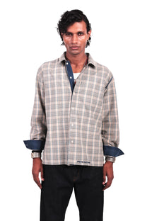 BEIGE AND TEAL HAND EMBROIDERED CHECKS SHIRT