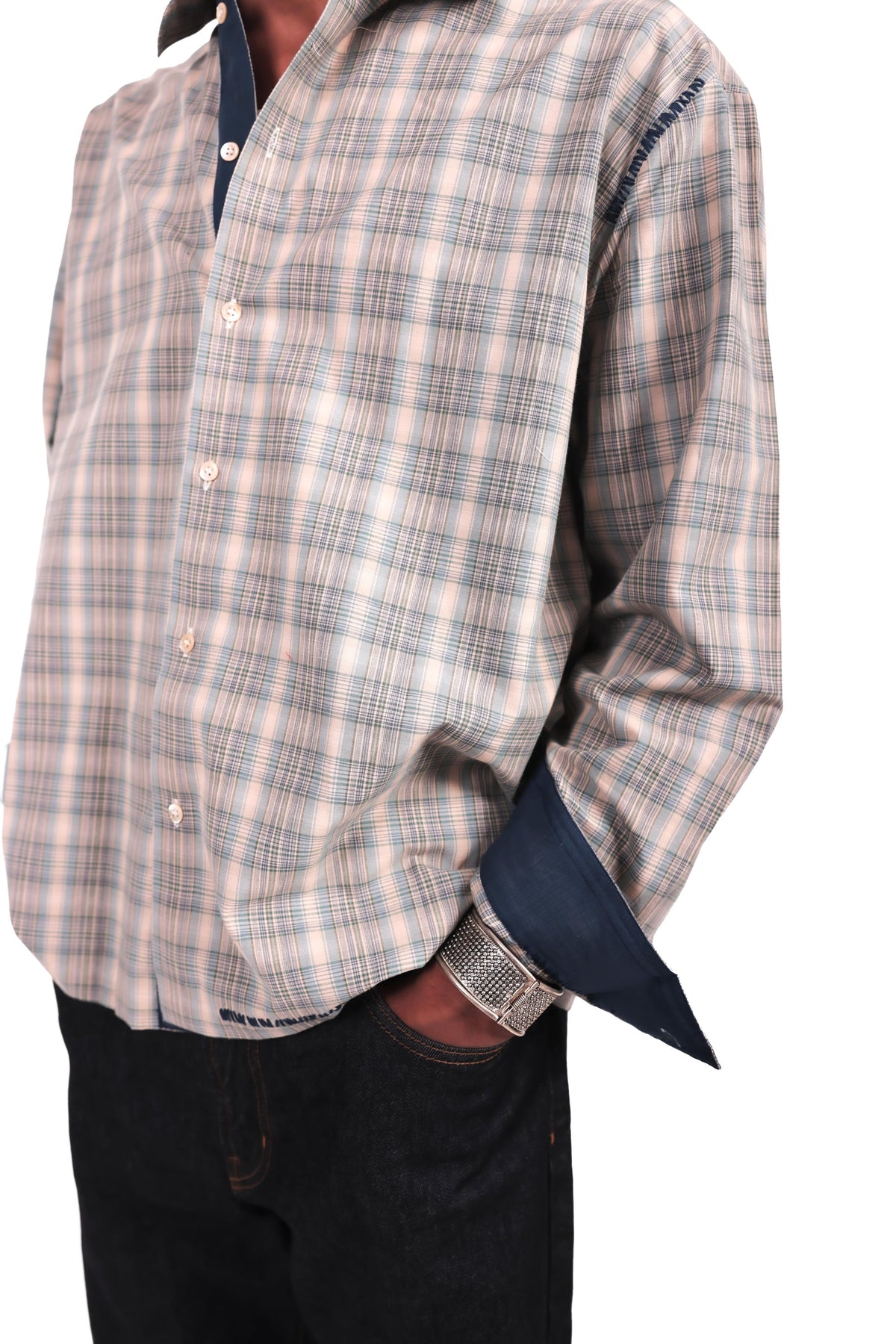 BEIGE AND TEAL HAND EMBROIDERED CHECKS SHIRT