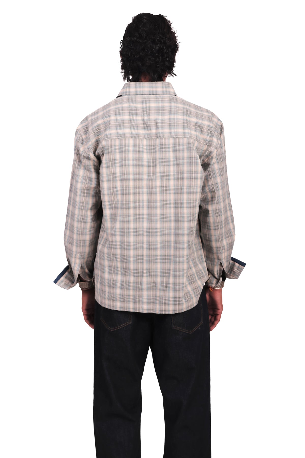 BEIGE AND TEAL HAND EMBROIDERED CHECKS SHIRT
