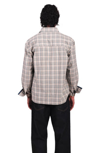 BEIGE AND TEAL HAND EMBROIDERED CHECKS SHIRT