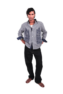 Navy and White Checks Boota Embroidered Shirt