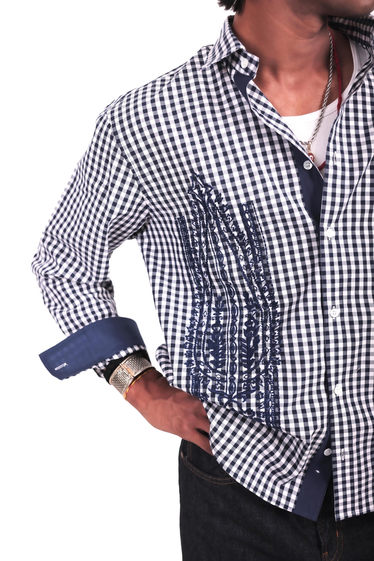 Navy and White Checks Boota Embroidered Shirt