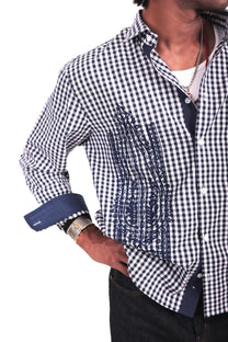 Navy and White Checks Boota Embroidered Shirt