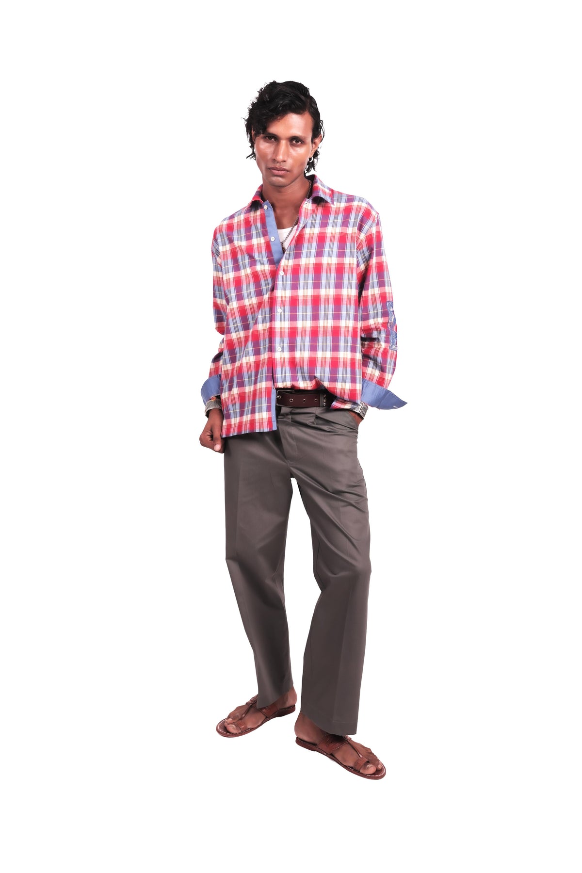 Red and Blue Chowk Embroidered Check Shirt