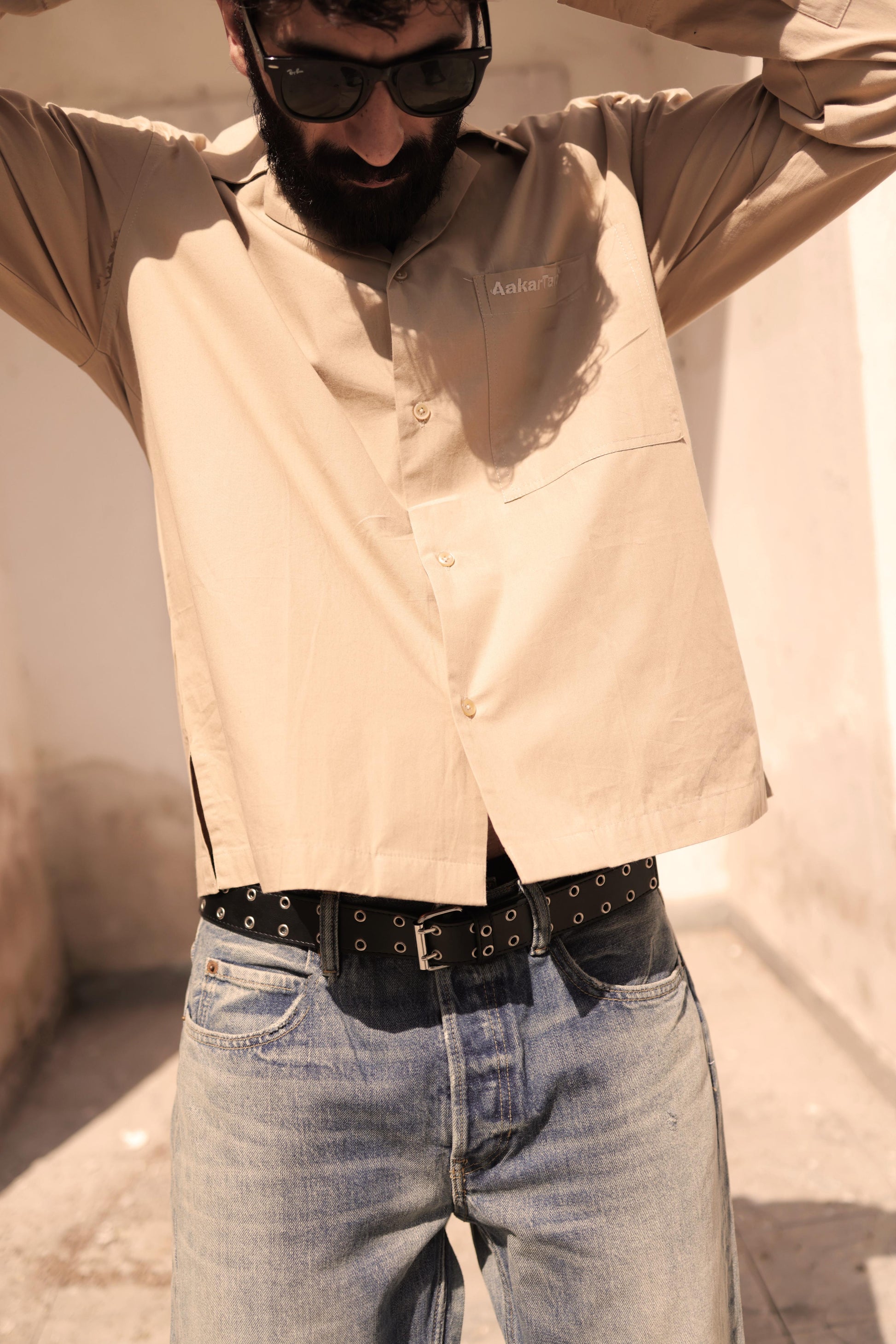 KHAKHI POPLIN LOGO OVERSHIRT
