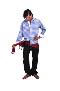 BLUE AND WHITE HAND EMBROIDERED CHECKS SHIRT.